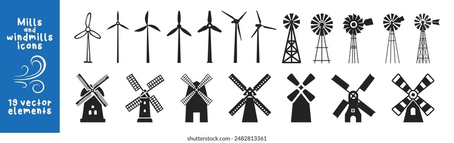 Windmill icon set. Air energy concept. Ecology, alternative renewable energy, green, electricity, recycle, save the planet.