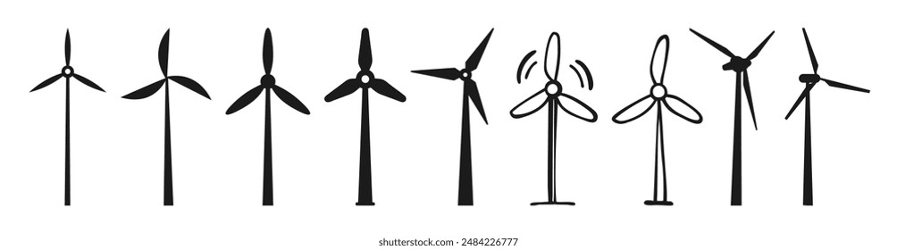 Conjunto de iconos de molino de viento. Concepto de energía del aire. Guardar Ecología, energías renovables alternativas, verde, electricidad, reciclaje,