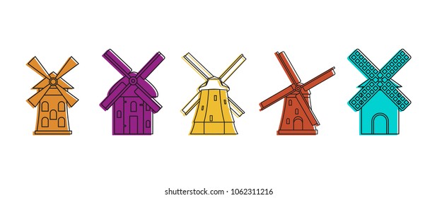 Windmill icon set. Color outline set of windmill vector icons for web design isolated on white background