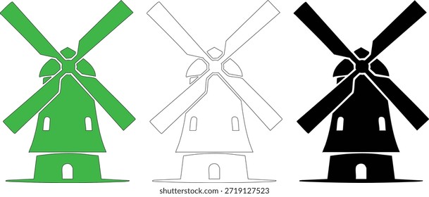 Windmill icon set features a traditional mill in solid green, outline, and silhouette styles. Collection suitable for design projects requiring agricultural or historical elements.