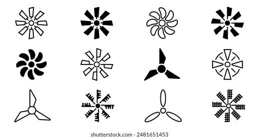 Windmill icon set. Silhouette and linear style. Vector illustration.