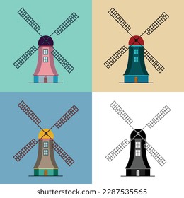 Windmill icon or sign isolated on color background. Factory symbol. Colorful vector illustration.