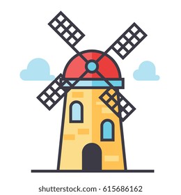 Windmill icon symbol: holland, farm. Editable strokes. Flat design line vector illustration concept. Image isolated on white background
