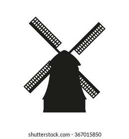 Windmill icon. Vector black silhouette of mill isolated on white background.