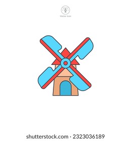 Windmill icon vector depicts a stylized energy converter, signifying renewable energy, wind power, sustainability, farming, and rural life