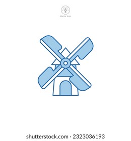 El vector de iconos del molino de viento representa un convertidor de energía estilizado, que significa energía renovable, energía eólica, sustentabilidad, agricultura y vida rural