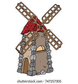 Windmill icon. Vector illustration of a cartoon mill. Hand drawn windmill.