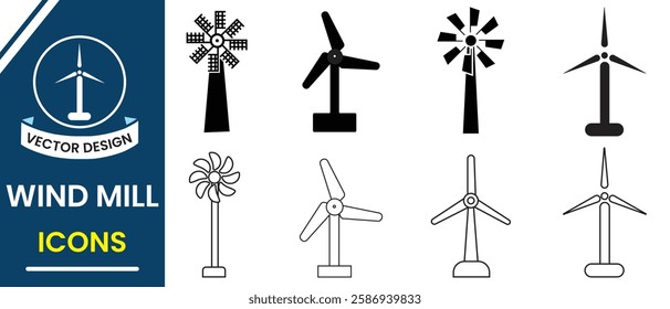 Windmill icon, vector illustration. Wind turbines vector. Wind power plant icon, vector. Sustainable and Renewable energy. Silhouette of wind turbine symbol.