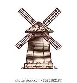 Windmill Icon. Wooden Building Of Old Rural Wind Mill. Design Element For Logo Farm, Ui Game Or Treasure Map. Vector Sketch Illustration Isolated On A White Background.