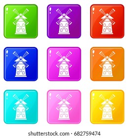 Windmill icons of 9 color set isolated vector illustration