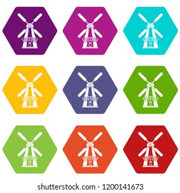 Windmill icons 9 set coloful isolated on white for web