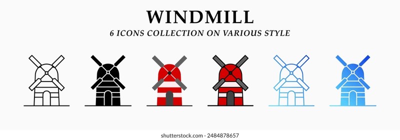 Windmill icons collection. 6 Various styles. Lineal, solid Black, flat, lineal color and gradient. For sign, symbol, presentation, infographic or web graphics. Vector Illustration.
