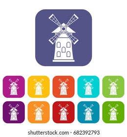 Windmill icons set vector illustration in flat style in colors red, blue, green, and other