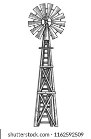 Windmill illustration, drawing, engraving, ink, line art, vector