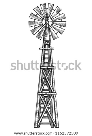 Windmill illustration, drawing, engraving, ink, line art, vector