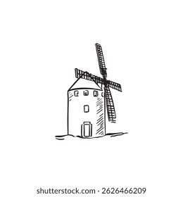 Windmill illustration, drawn by hand in black and white. 