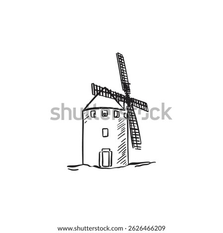 Windmill illustration, drawn by hand in black and white. 