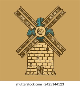 Windmill illustration, hand drawing, line art