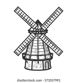 Windmill illustration isolated on white background background. Design elements for restaurant menu, poster, emblem, sign. Vector illustration.