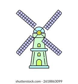 Windmill illustration vector. Colorful wind turbine from Netherland. 