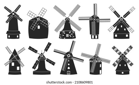 Icono de conjunto negro aislado de molino de viento. Molino vintage de ilustración vectorial sobre fondo blanco. Molino de viento con icono de conjunto negro vector.