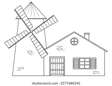 Windmill isolated building exterior graphic black white sketch illustration vector