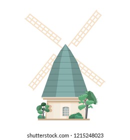 Windmill isolated on white background. Old European post mill. Farm structure or construction for agricultural production. Countryside building. Colored vector illustration in flat cartoon style.