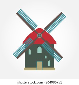 Windmill isolated on white background. Mill symbol. Colorful vector illustration.