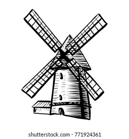 Windmill isolated on white background hand drawn sketch style illustration. Windmill vector monochrome outline image