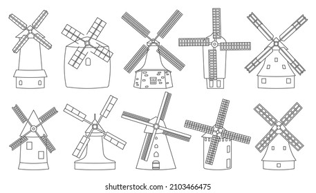 Windmill isolated outline set icon. Vector illustration vintage mill on white background. Vector outline set icon windmill .