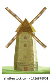 Windmill isolated vector on white background. Wind Mill Flour Farm. Old stone dutch typical traditional flour mill building with millstones. Farmer rural landscape. Village.