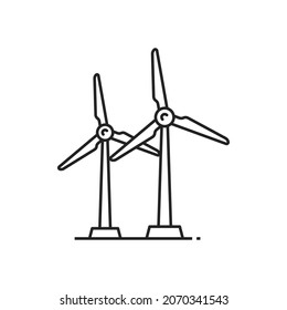 Windmill isolated wind turbine thin line icon. Vector windturbine working from power of wind. Renewable energy generation, energy converter, outline device converting kinetic energy into electrical