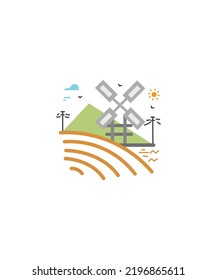 Windmill with landscape. Concept of nature. Abstract background. Graphic design. Digital art. Modern style. Creative icon. Beautiful logo. Isolated objects. Vector illustration 
