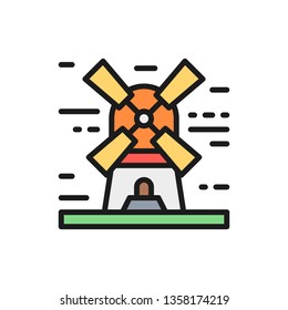 Windmill landscape flat color line icon.
