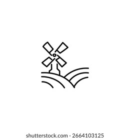 Windmill Landscape Line Art Icon – Hand-Drawn Countryside Farming Scene Vector