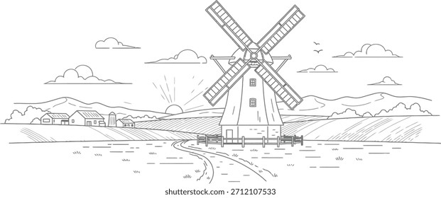 Windmill Landscape Line Drawing for Rural and Vintage Design