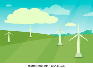 Windmill landscape rural wind energy mill farm power ecology watermill vector illustration. Electricity generator propeller technology agriculture tower, alternative energy generation turbine.