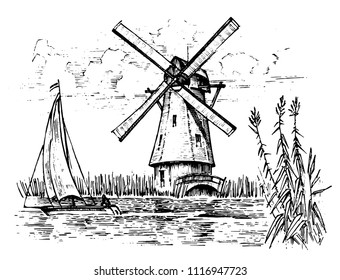 Windmill landscape in vintage, retro hand drawn or engraved style, can be use for ecological bakery logo, wheat field with old building. Rural organic agricultural production. Vector illustration.
