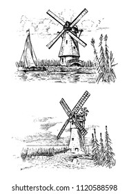 Windmill landscape in vintage, retro hand drawn or engraved style, can be use for ecological bakery logo, wheat field with old building. Rural organic agricultural production. Vector illustration.