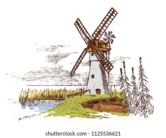 Windmill landscape in vintage, retro hand drawn or engraved style, can be use for ecological bakery logo, wheat field with old building. Rural organic agricultural production. Vector illustration.