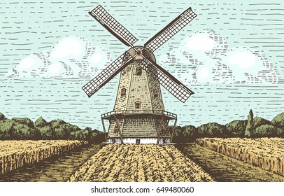 Windmill landscape in vintage, retro hand drawn or engraved style, can be use for bakery logo, wheat field with old building