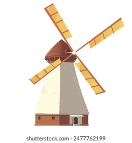Windmill with large blades, flat graphic style, white background. Concept of agriculture and traditional structures. Vector illustration