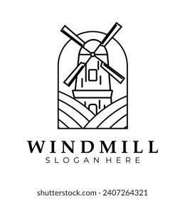 windmill line art emblem logo vector vintage illustration design, farmhouse logo