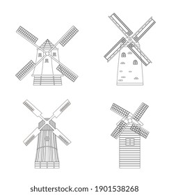 Windmill line art set - wind energy mill outline collection isolated on white background. Vector illustration of traditional Dutch landmarks in flat coloring book style.