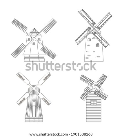 Windmill line art set - wind energy mill outline collection isolated on white background. Vector illustration of traditional Dutch landmarks in flat coloring book style.