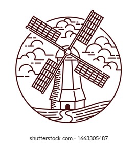 Windmill line illustration. hand drawn