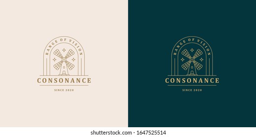 Windmill line symbol vector logo emblem design template illustration simple minimal linear style. Outline graphics for bakery shop branding and brewing company.