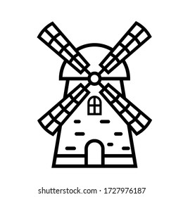 Windmill linear icon. Black and white vector illustration of a mill.