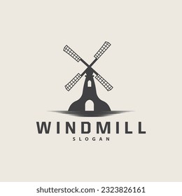 Windmill Logo, Agriculture Farm Vector, Nature Landscape Retro Vintage Design Illustration