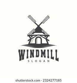Windmill Logo, Agriculture Farm Vector, Nature Landscape Retro Vintage Design Illustration
